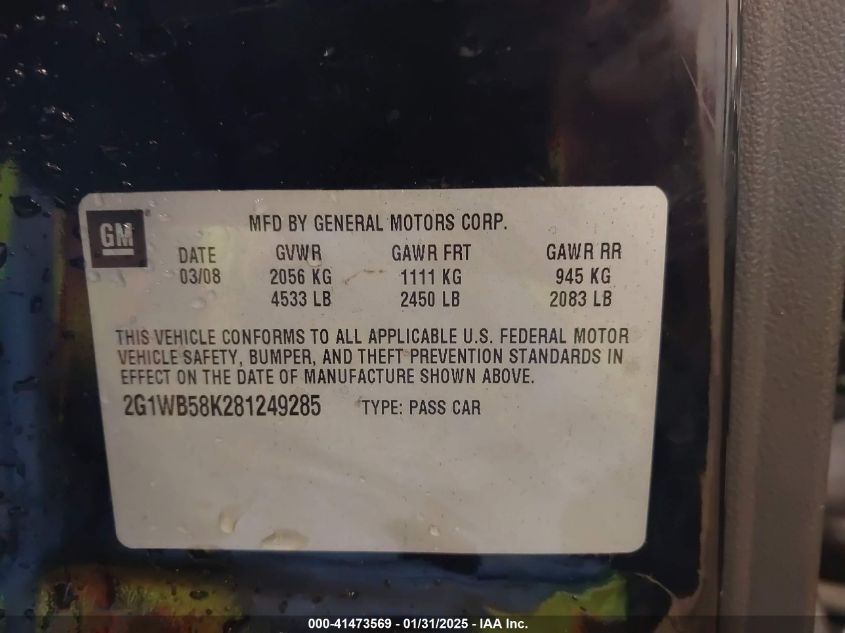 2008 Chevrolet Impala Ls VIN: 2G1WB58K281249285 Lot: 41473569