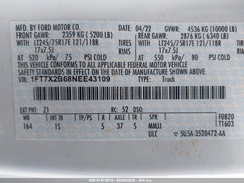 2022 Ford F-250 Xl VIN: 1FT7X2B68NEE43109 Lot: 41473574