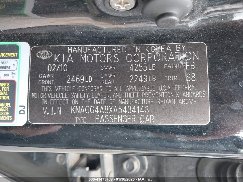 2010 KIA OPTIMA VIN: KNAGG4A8XA5434143