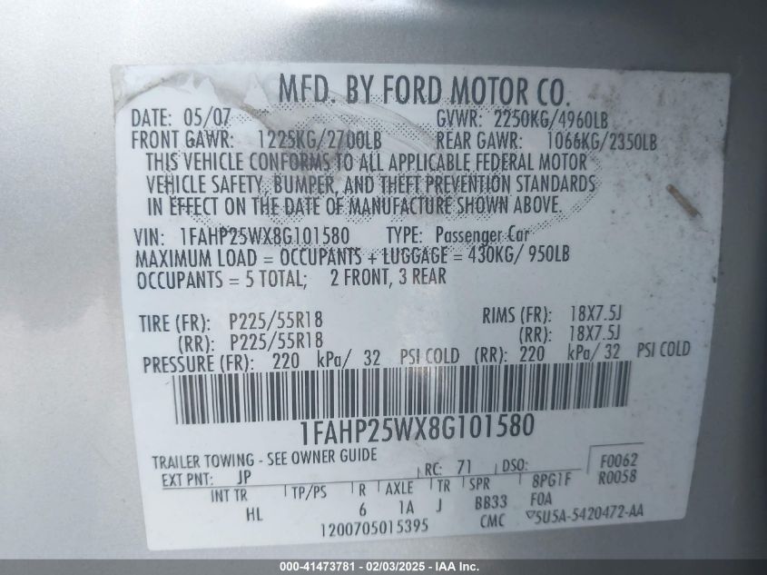 2008 Ford Taurus Limited VIN: 1FAHP25WX8G101580 Lot: 41473781