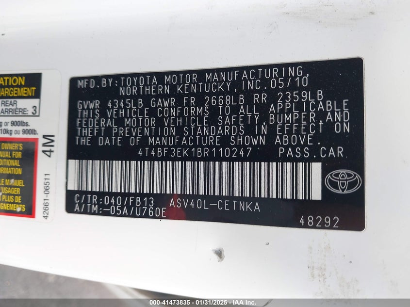 2011 TOYOTA CAMRY VIN: 4T4BF3EK1BR110247