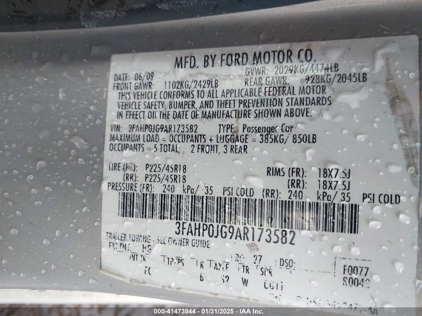 2010 FORD FUSION VIN: 3FAHP0JG9AR173582