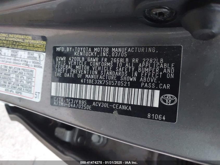 2005 Toyota Camry Std VIN: 4T1BE32K75U570521 Lot: 41474275