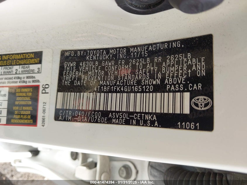 2016 TOYOTA CAMRY VIN: 4T1BF1FK4GU165120