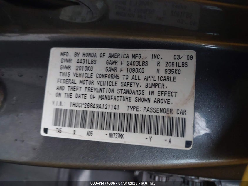 2009 HONDA ACCORD VIN: 1HGCP26849A121141
