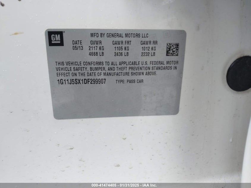2013 CHEVROLET MALIBU VIN: 1G11J5SX1DF299907