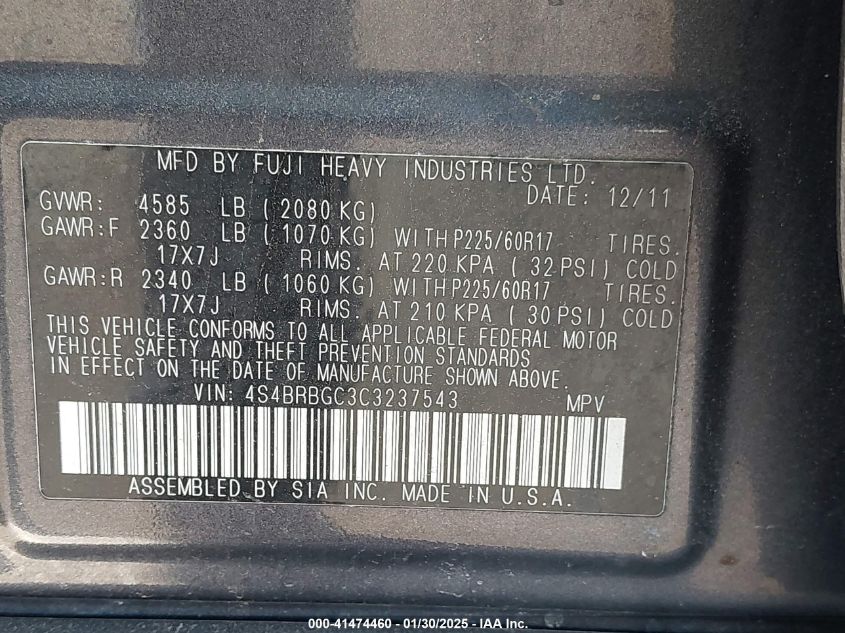 2012 Subaru Outback 2.5I Premium VIN: 4S4BRBGC3C3237543 Lot: 41474460