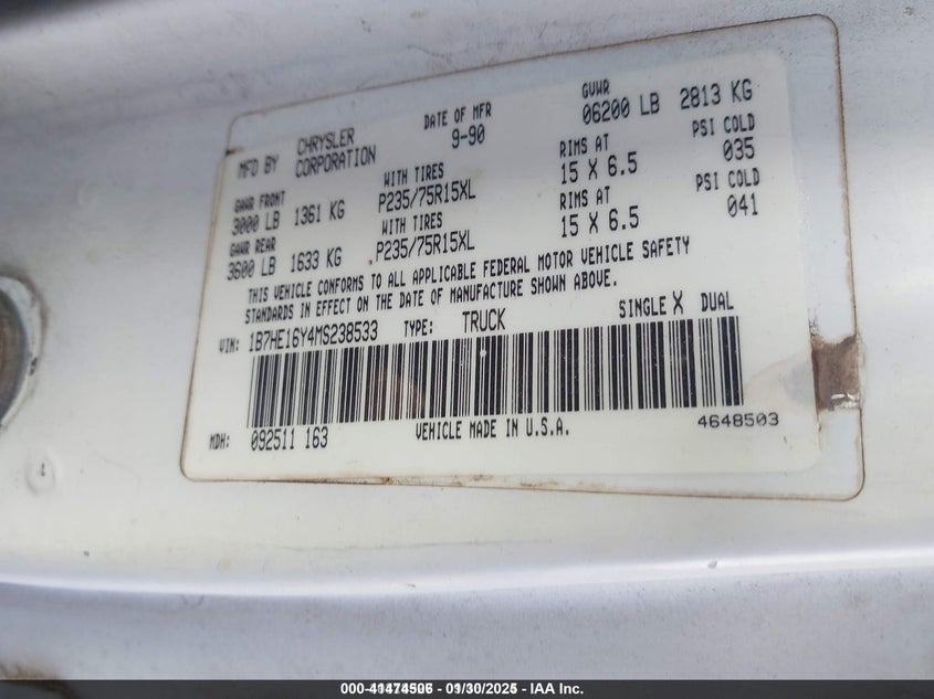 1991 Dodge D-Series D150 VIN: 1B7HE16Y4MS238533 Lot: 41474506