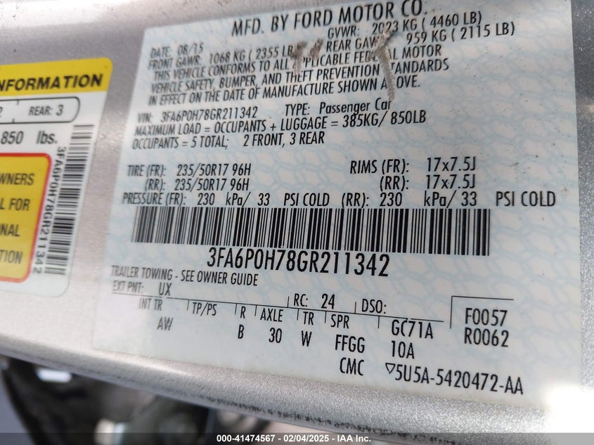 2016 FORD FUSION VIN: 3FA6P0H78GR211342