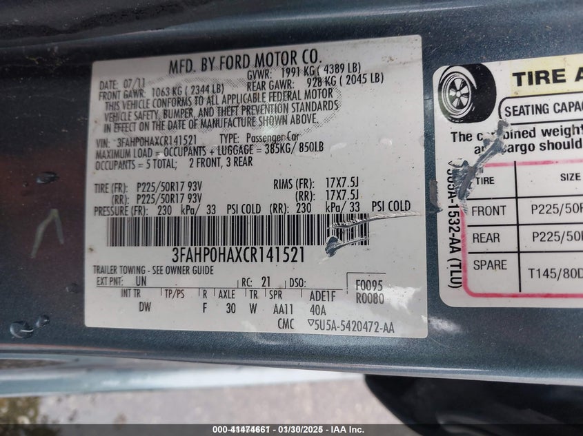 2012 Ford Fusion Se VIN: 3FAHP0HAXCR141521 Lot: 41474661