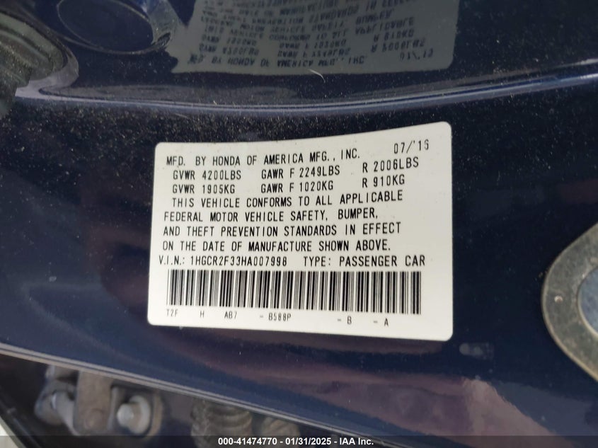 2017 HONDA ACCORD VIN: 1HGCR2F33HA007998