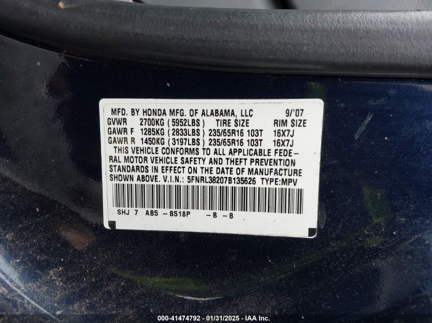 2007 Honda Odyssey Lx VIN: 5FNRL38207B135626 Lot: 43371161