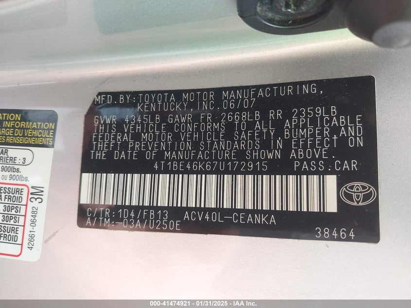 2007 TOYOTA CAMRY VIN: 4T1BE46K67U172915