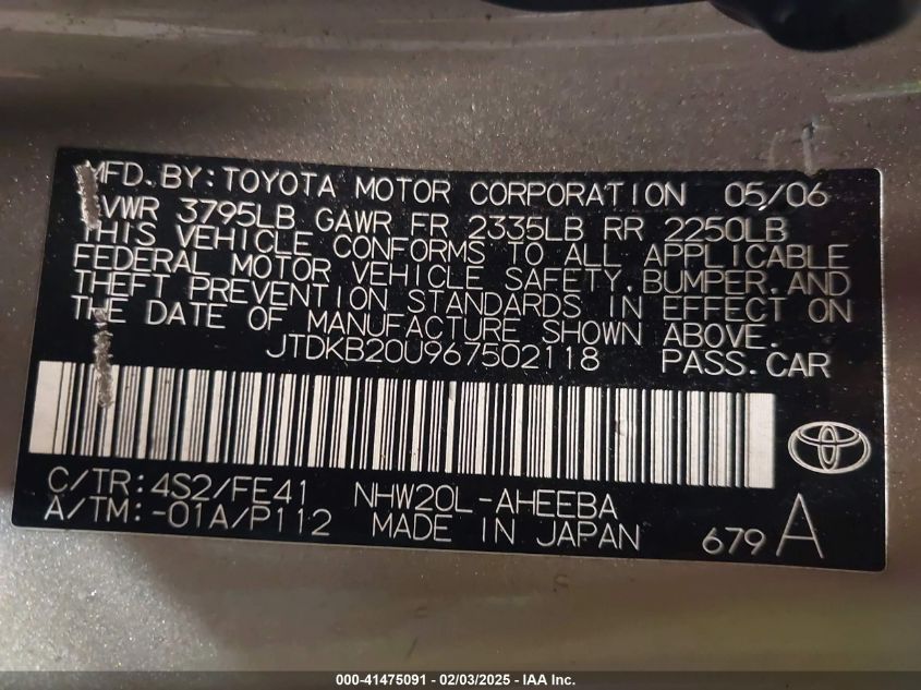 2006 Toyota Prius VIN: JTDKB20U967502118 Lot: 41475091
