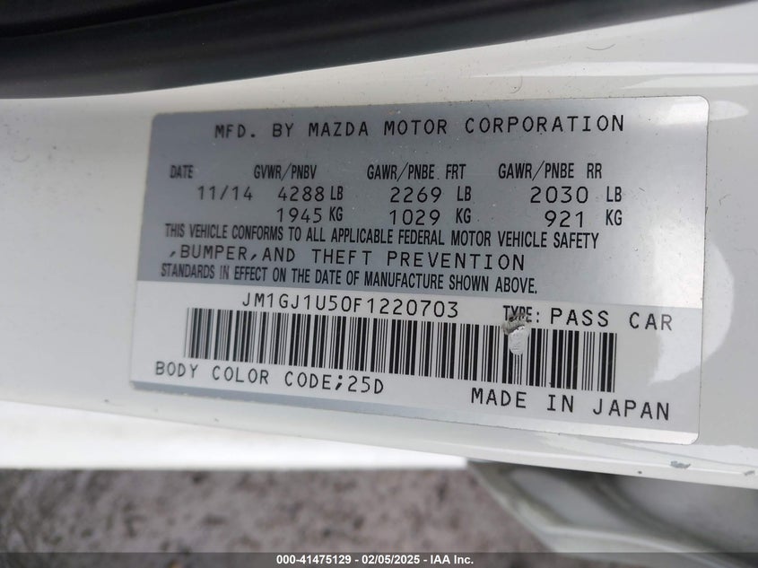 2015 MAZDA MAZDA6 VIN: JM1GJ1U50F1220703