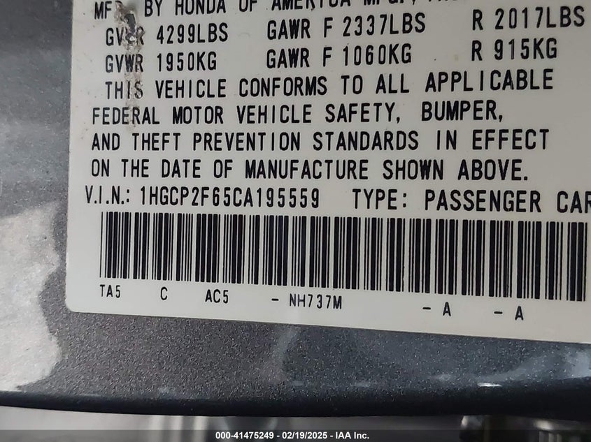 2012 HONDA ACCORD VIN: 1HGCP2F65CA195559