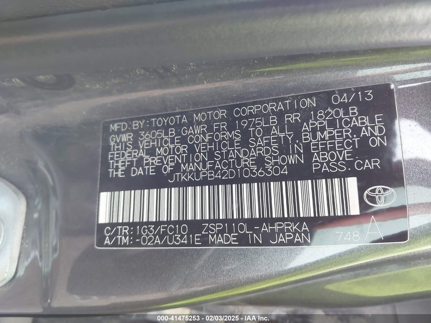 2013 SCION XD VIN: JTKKUPB42D1036304