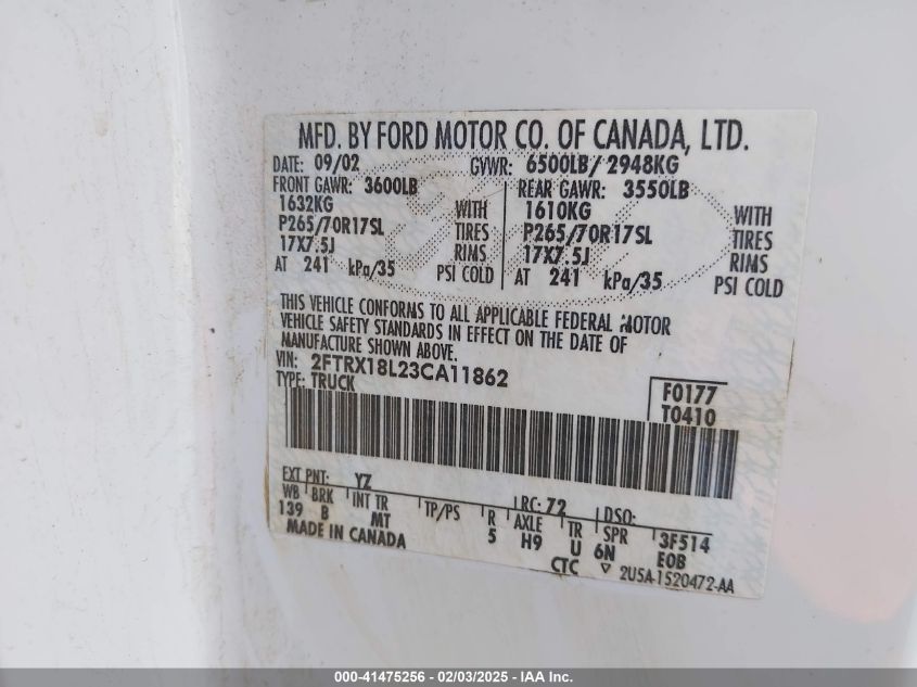 2003 Ford F-150 Lariat/Xl/Xlt VIN: 2FTRX18L23CA11862 Lot: 41475256