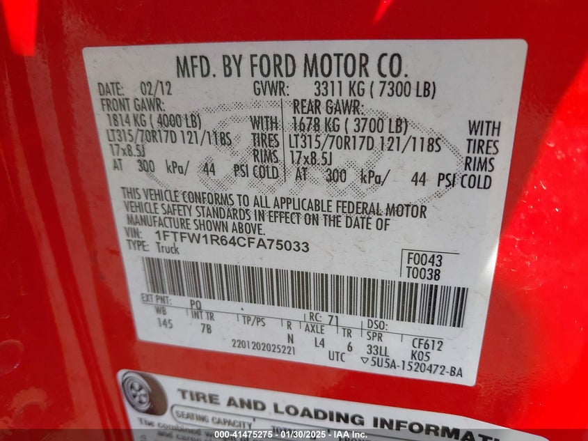 2012 FORD F-150 VIN: 1FTFW1R64CFA75033