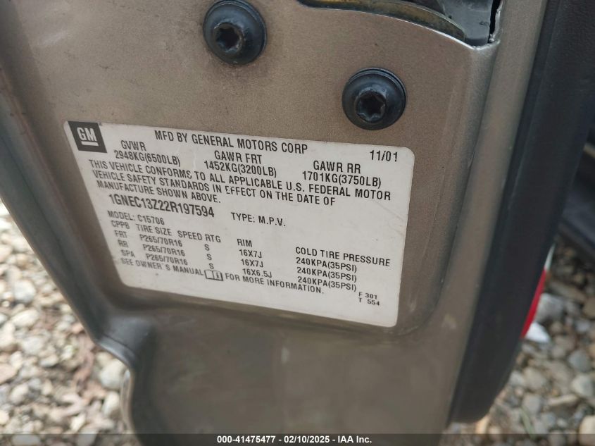 2002 Chevrolet Tahoe Lt VIN: 1GNEC13Z22R197594 Lot: 41475477