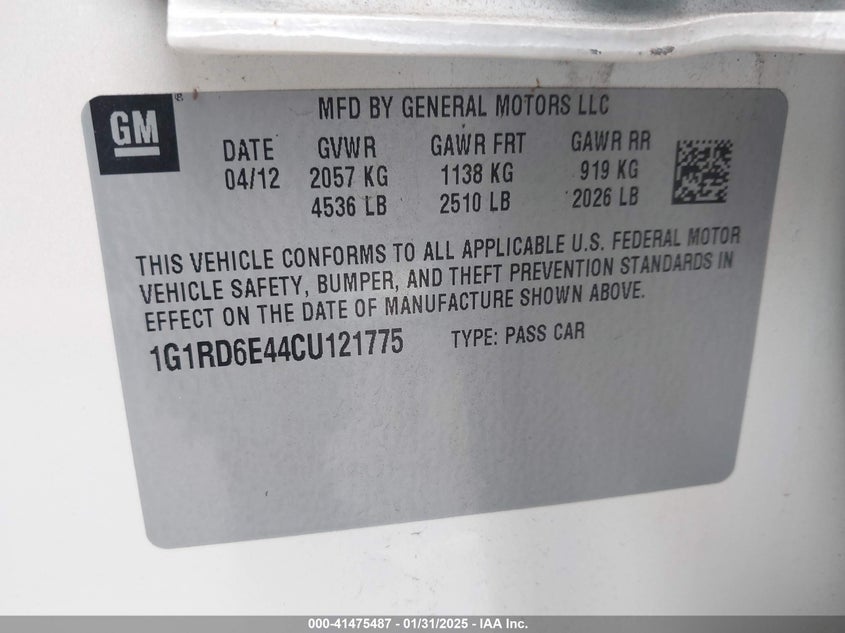 2012 CHEVROLET VOLT VIN: 1G1RD6E44CU121775