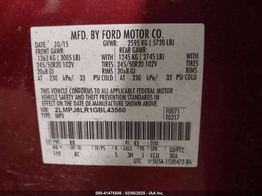 2016 Lincoln Mkx Reserve VIN: 2LMPJ8LR1GBL43556 Lot: 41475508