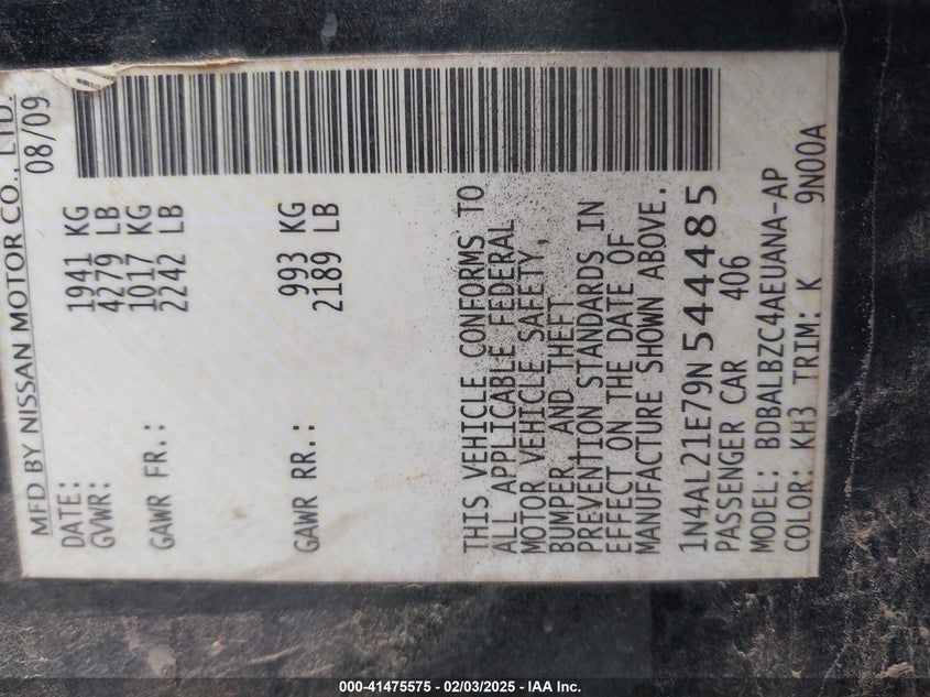 2009 NISSAN ALTIMA VIN: 1N4AL21E79N544485