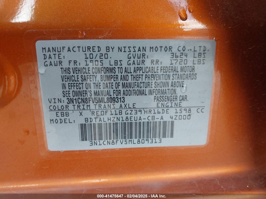 2021 NISSAN VERSA SR XTRONIC CVT - 3N1CN8FV5ML809313