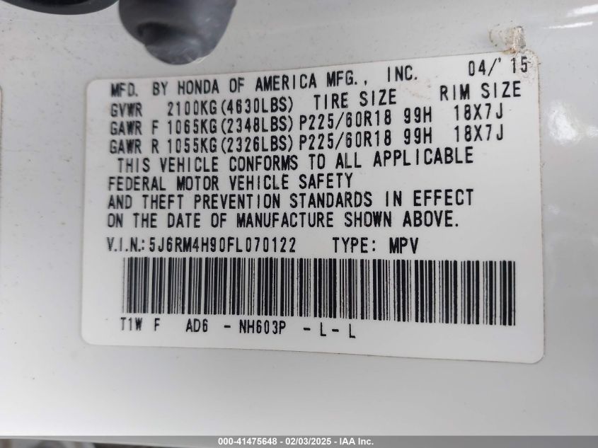 2015 Honda Cr-V Touring VIN: 5J6RM4H90FL070122 Lot: 41475648