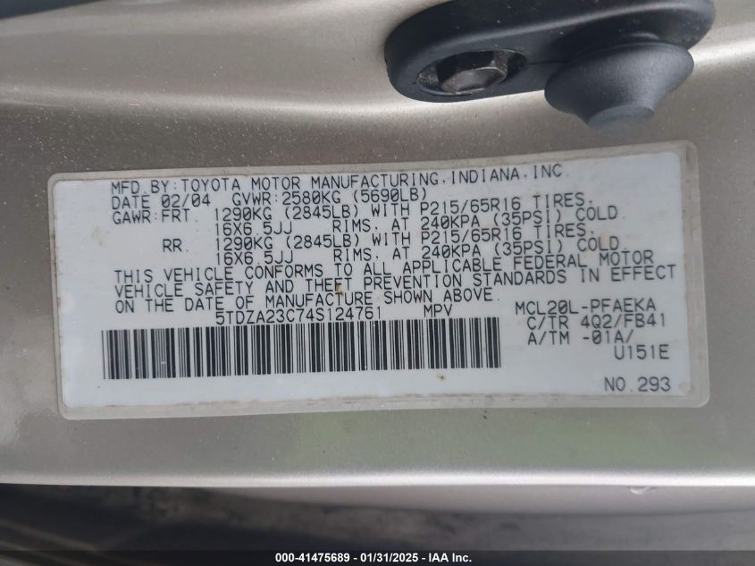 2004 Toyota Sienna VIN: 124761 Lot: 41475689