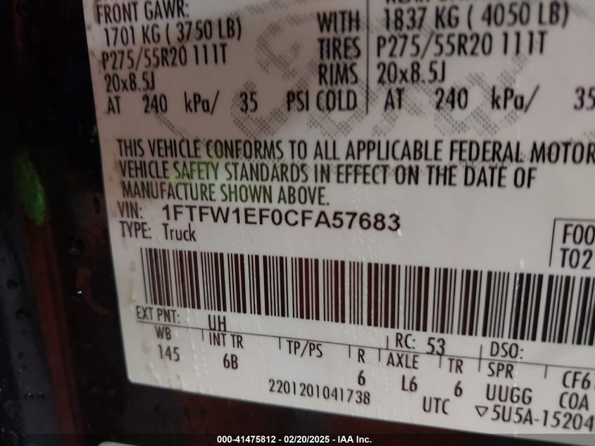 2012 FORD F-150 VIN: 1FTFW1EF0CFA57683