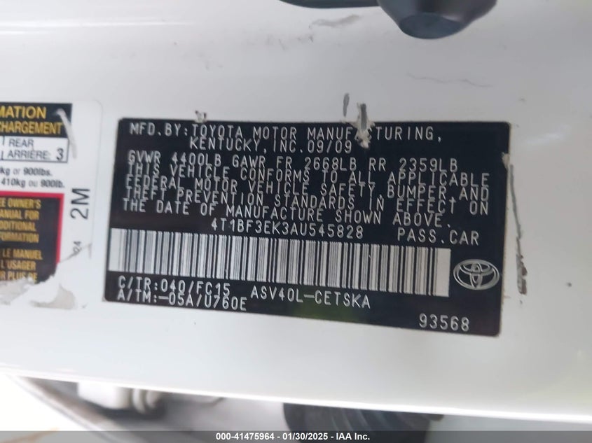 2010 TOYOTA CAMRY VIN: 4T1BF3EK3AU545828