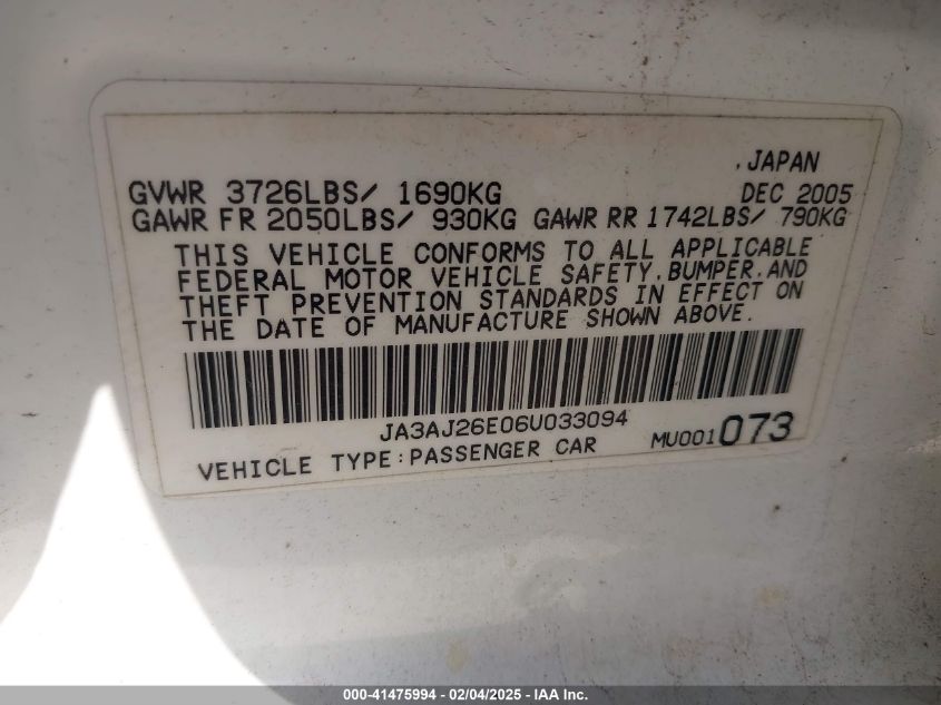 2006 Mitsubishi Lancer VIN: JA3AJ26E06WD33094 Lot: 41475994