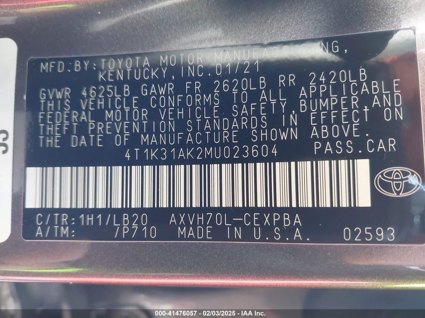 2021 TOYOTA CAMRY VIN: 4T1K31AK2MU023604