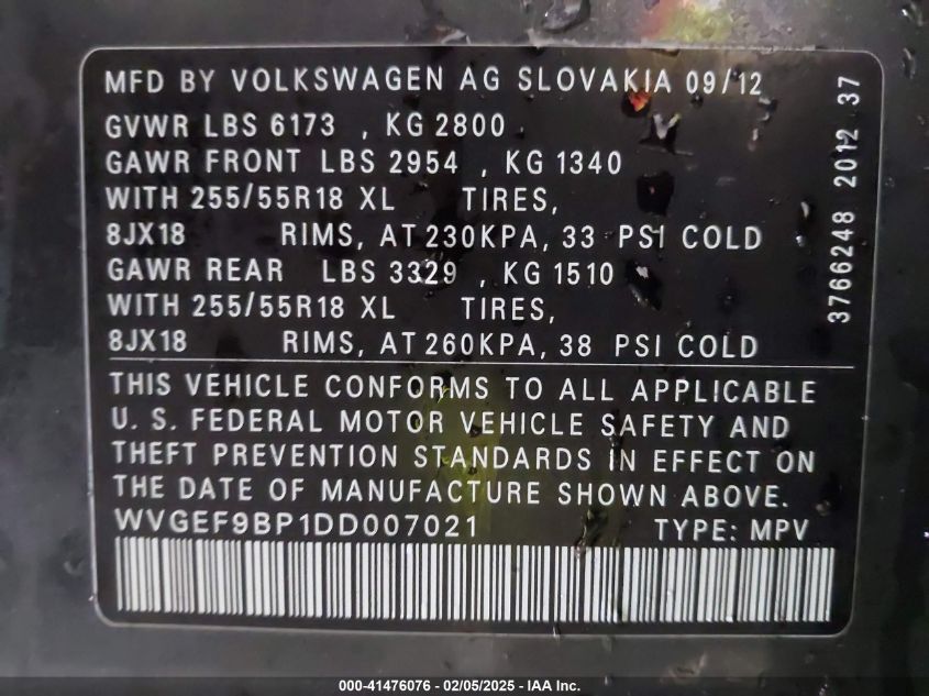 2013 VOLKSWAGEN TOUAREG VR6 SPORT - WVGEF9BP1DD007021