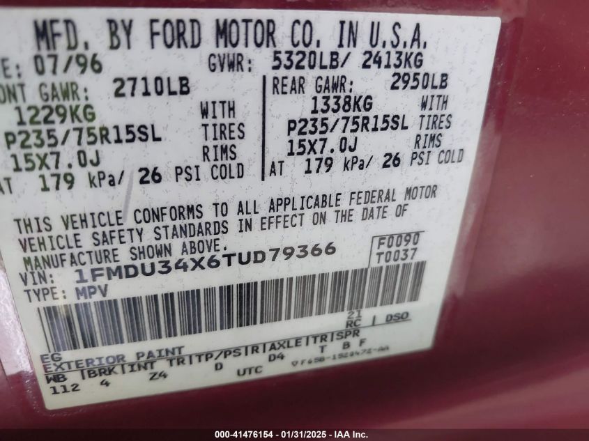 1996 Ford Explorer VIN: 1FMDU34X6TUD79366 Lot: 41476154