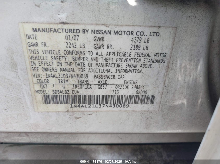 2007 Nissan Altima 2.5 S VIN: 1N4AL21E37N430089 Lot: 41476176