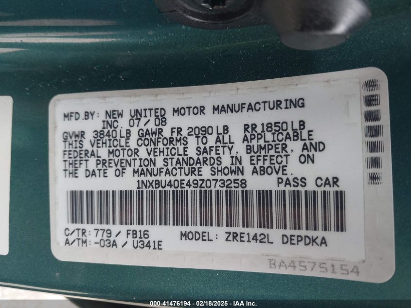 2009 Toyota Corolla Le VIN: 1NXBU40E49Z073258 Lot: 41476194