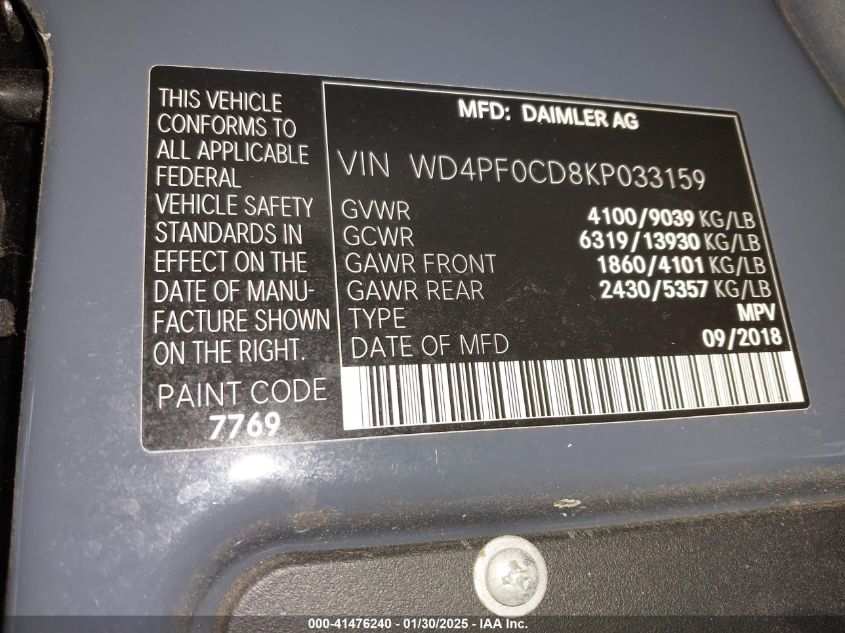 2019 Mercedes-Benz Sprinter 2500 High Roof V6/Standard Roof V6 VIN: WD4PF0CD8KP033159 Lot: 41476240