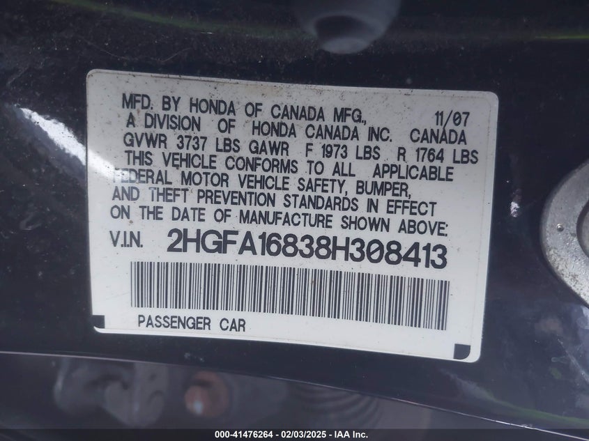 2008 HONDA CIVIC VIN: 2HGFA16838H308413