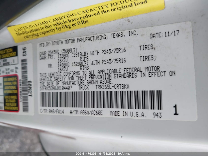 2018 TOYOTA TACOMA SR - 5TFRX5GN8JX104407