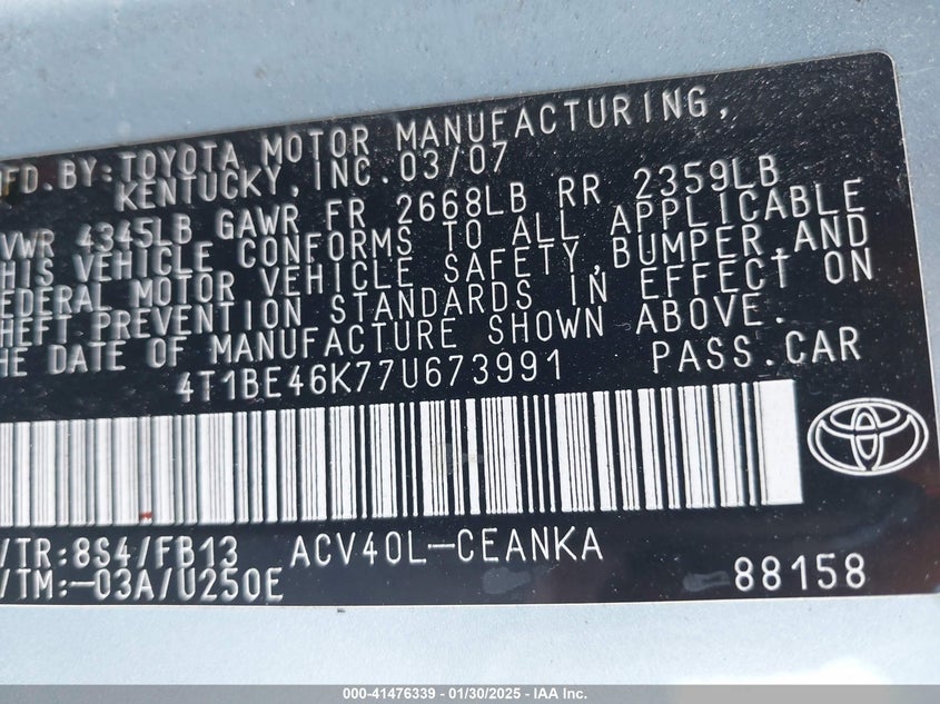 2007 TOYOTA CAMRY VIN: 4T1BE46K77U673991