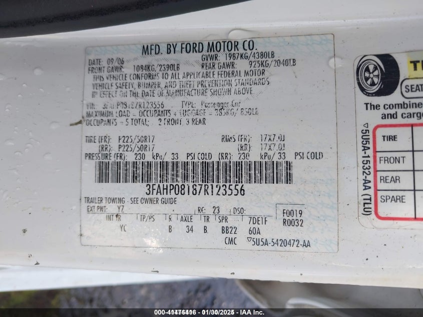 2007 FORD FUSION VIN: 3FAHP08187R123556