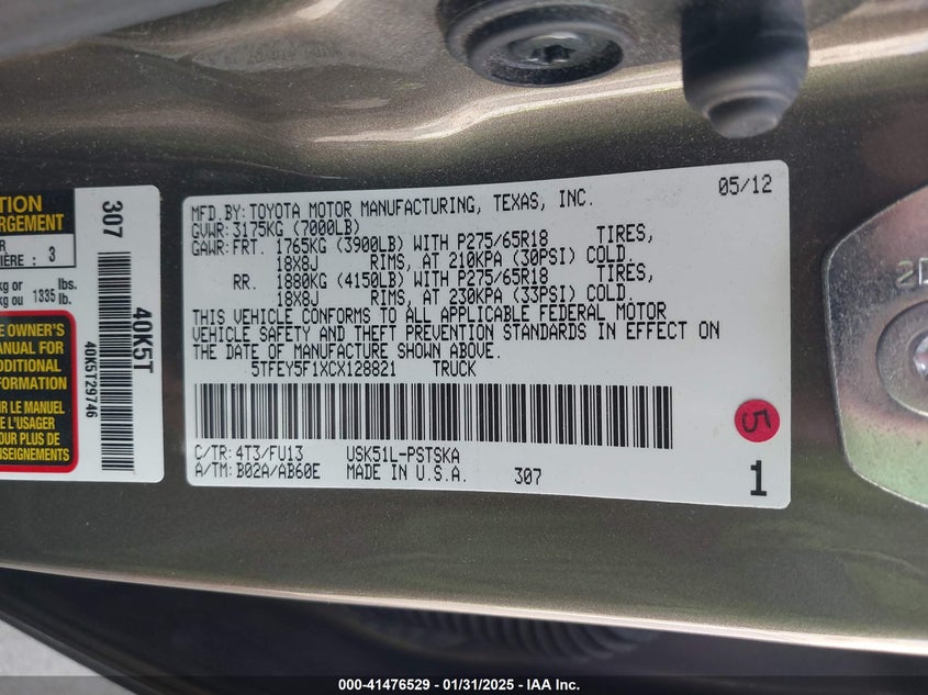 2012 TOYOTA TUNDRA VIN: 5TFEY5F1XCX128821