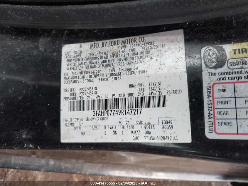 2009 FORD FUSION VIN: 3FAHP07Z49R147217