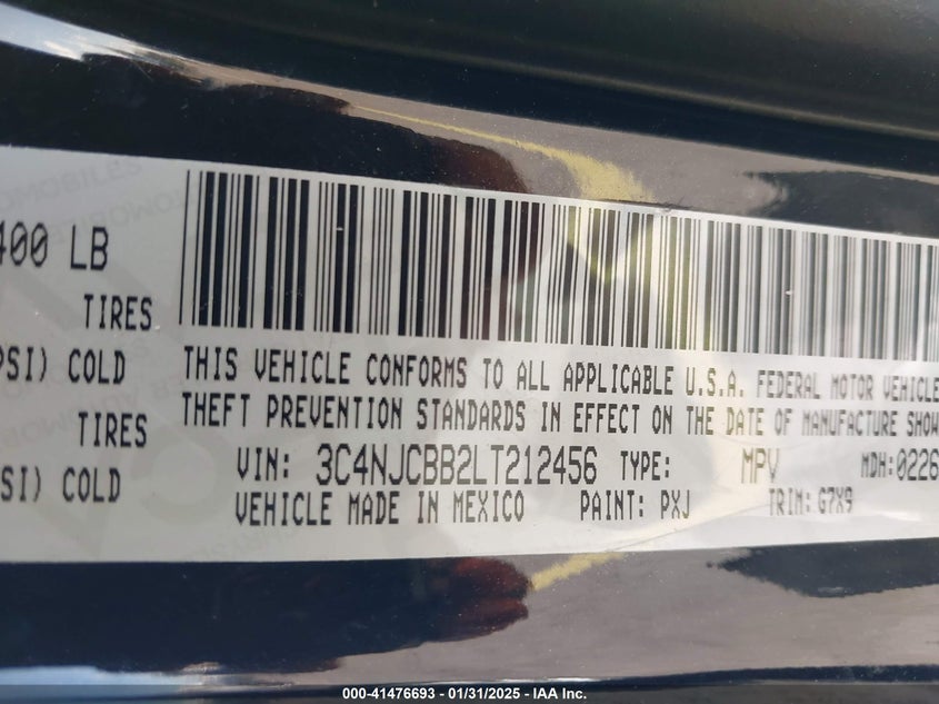 2020 JEEP COMPASS VIN: 3C4NJCBB2LT212456