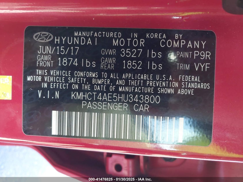 2017 HYUNDAI ACCENT VIN: KMHCT4AE5HU343800