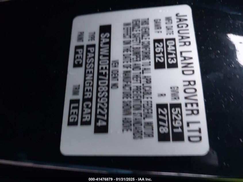 2013 JAGUAR XF VIN: SAJWJ0EF7D8S92274