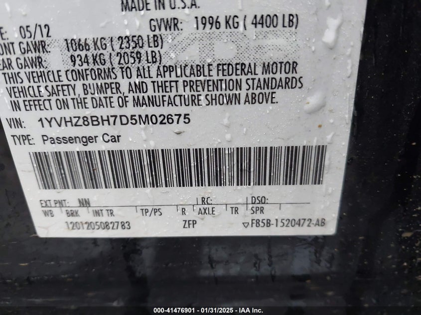 2013 MAZDA 6 VIN: 1YVHZ8BH7D5M02675