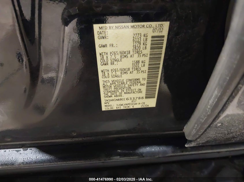 2012 NISSAN PATHFINDER VIN: 5N1AR1NB8CC633788